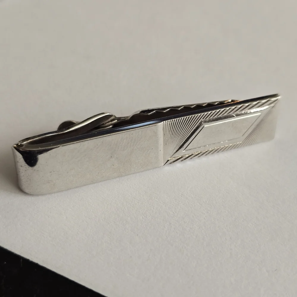 Vintage set cuff links tie clip silver tone geometric rhombus parallelogram